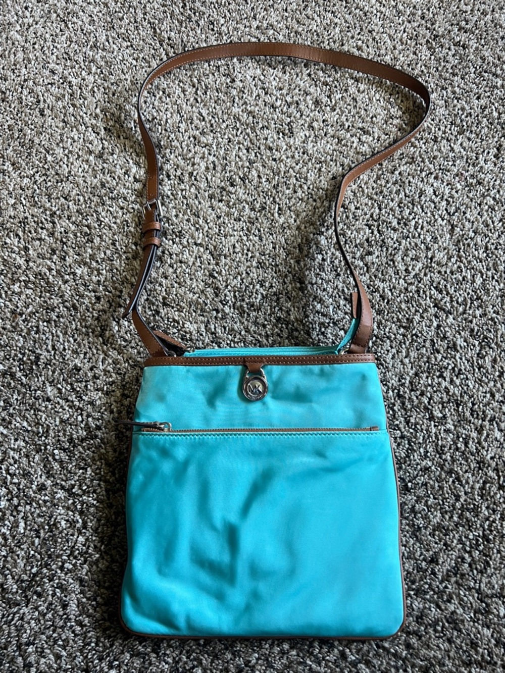 Michael Kors Turquoise Crossbody with Brown Trim